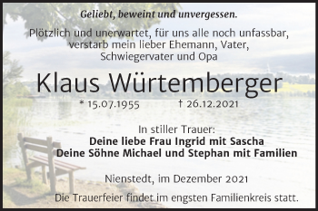Traueranzeige von Klaus Würtemberger von Trauerkombi Sangerhausen