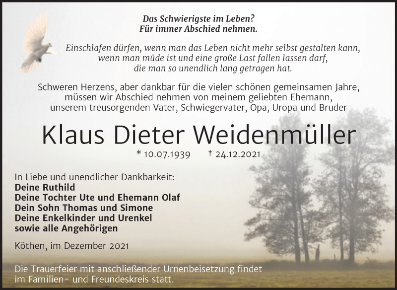  Traueranzeige für Klaus Dieter Weidenmüller vom 01.01.2022 aus Trauerkombi Köthen