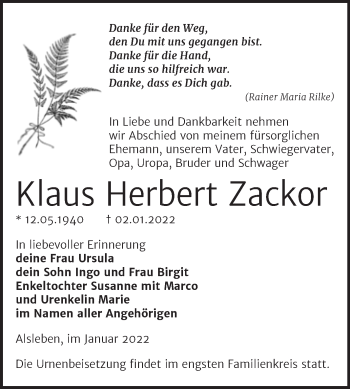 Traueranzeige von Klaus Herbert Zackor von Trauerkombi Bernburg