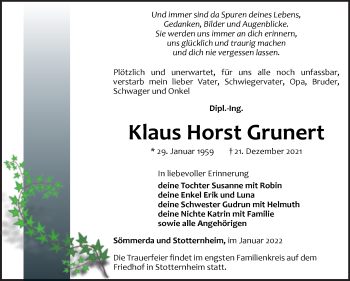 Traueranzeige von Klaus Horst Grunert von Naumburger Tageblatt