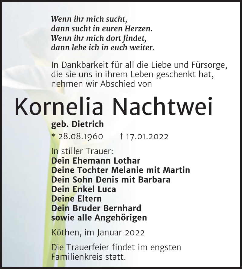  Traueranzeige für Kornelia Nachtwei vom 29.01.2022 aus Trauerkombi Köthen