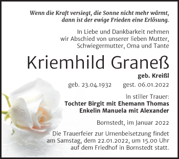 Traueranzeige von Kriemhild Graneß von Trauerkombi Mansfelder Land