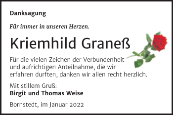 Traueranzeige von Kriemhild Graneß von Trauerkombi Mansfelder Land