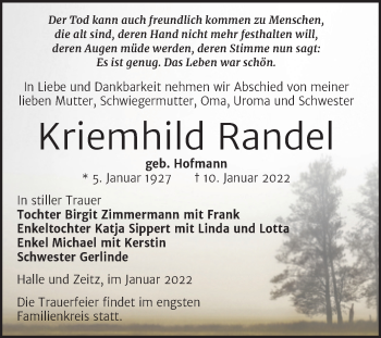 Traueranzeige von Kriemhild Randel von Mitteldeutsche Zeitung Halle/Saalkreis