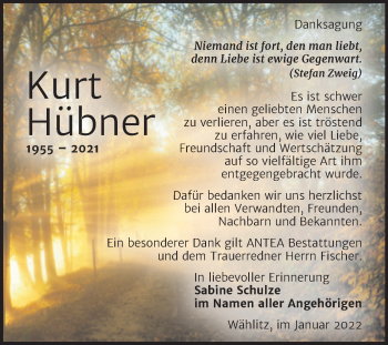 Traueranzeige von Kurt Hübner von Trauerkombi Weißenfels