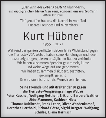 Traueranzeige von Kurt Hübner von Trauerkombi Weißenfels