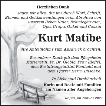 Traueranzeige von Kurt Matibe von Trauerkombi Sangerhausen