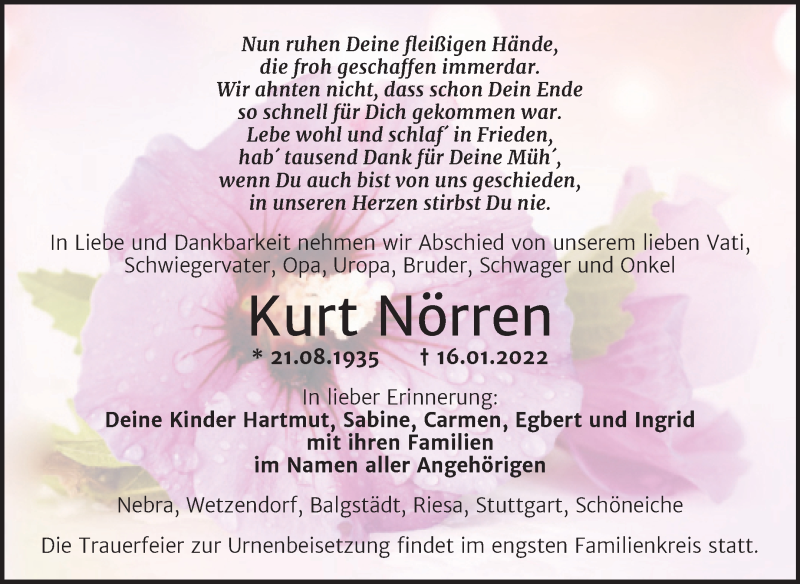  Traueranzeige für Kurt Nörren vom 26.01.2022 aus Wochenspiegel Naumburg/Nebra