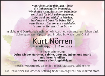 Traueranzeige von Kurt Nörren von Wochenspiegel Naumburg/Nebra