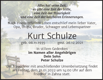 Traueranzeige von Kurt Schulze von Trauerkombi Wittenberg