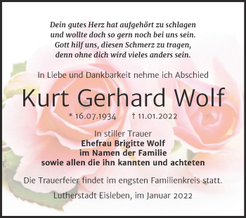 Traueranzeige von Kurt Gerhard Wolf von Trauerkombi Mansfelder Land
