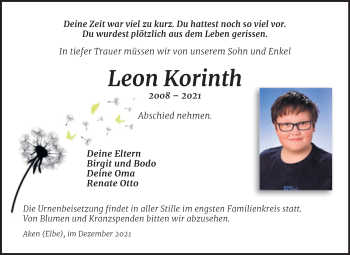 Traueranzeige von Leon Korinth von Trauerkombi Köthen