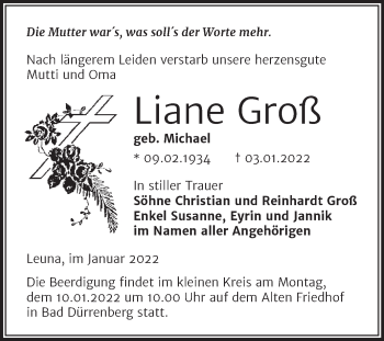 Traueranzeige von Liane Groß von Trauerkombi Merseburg