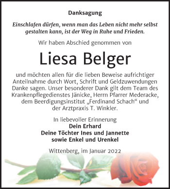 Traueranzeige von Liesa Belger von Trauerkombi Wittenberg