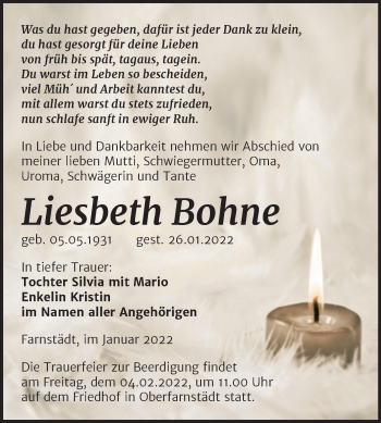 Traueranzeige von Liesbeth Bohne von Trauerkombi Merseburg