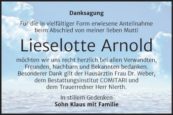 Traueranzeige von Lieselotte Arnold von Trauerkombi Weißenfels