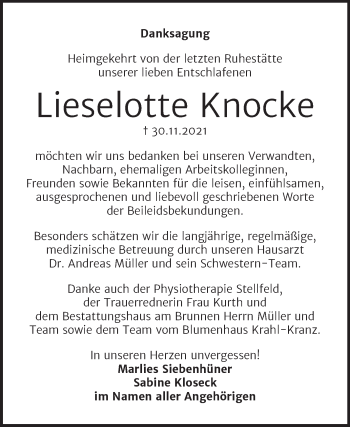 Traueranzeige von Lieselotte Knocke von Trauerkombi Mansfelder Land