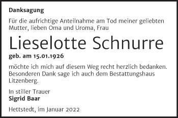 Traueranzeige von Lieselotte Schnurre von Trauerkombi Mansfelder Land