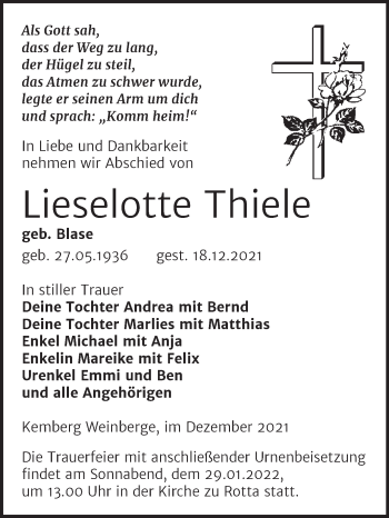 Traueranzeige von Lieselotte Thiele von Trauerkombi Wittenberg