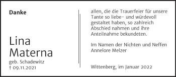 Traueranzeige von Lina Materna von Trauerkombi Wittenberg