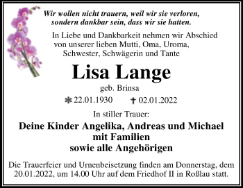 Traueranzeige von Lisa Lange von Trauerkombi Dessau
