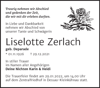 Traueranzeige von Liselotte Zerlach von Trauerkombi Dessau