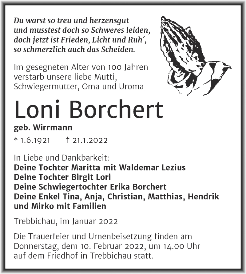  Traueranzeige für Loni Borchert vom 26.01.2022 aus Trauerkombi Köthen