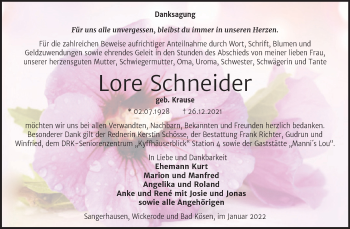 Traueranzeige von Lore Schneider von Trauerkombi Sangerhausen