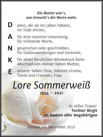 Traueranzeige von Lore Sommerweiß von Trauerkombi Weißenfels