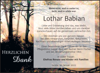 Traueranzeige von Lothar Babian von Trauerkombi Merseburg