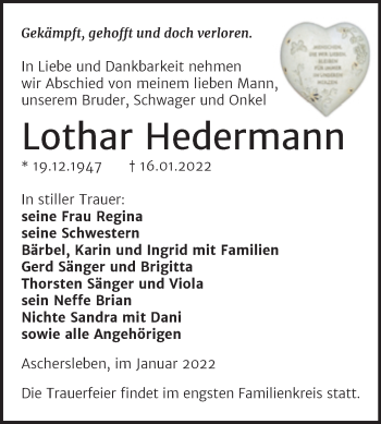 Traueranzeige von Lothar Hedermann von Trauerkombi Aschersleben