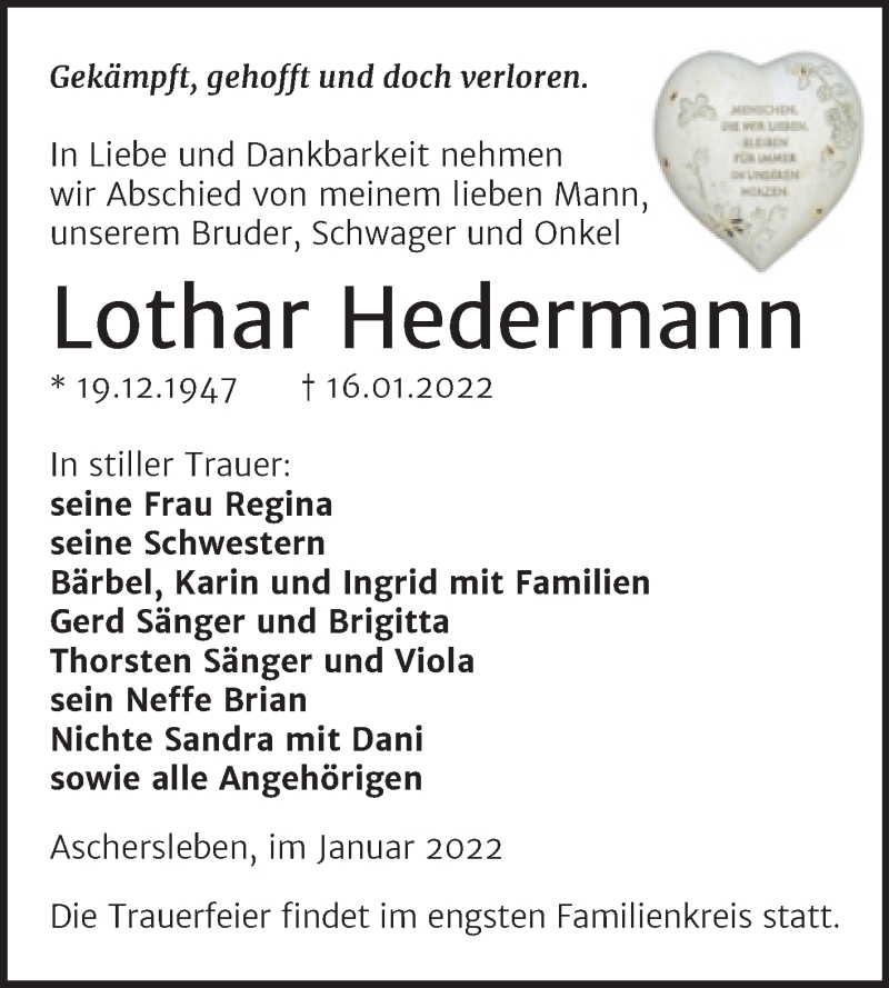  Traueranzeige für Lothar Hedermann vom 22.01.2022 aus Trauerkombi Aschersleben