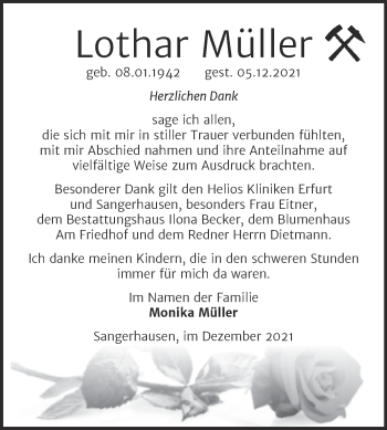 Traueranzeige von Lothar Müller von Mitteldeutsche Zeitung Sangerhausen