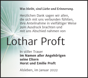 Traueranzeige von Lothar Proft von Trauerkombi Bernburg