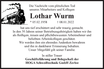 Traueranzeige von Lothar Wurm von Super Sonntag Wittenberg