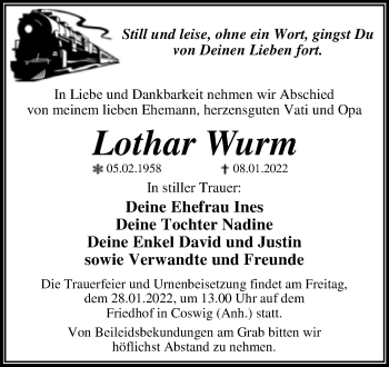 Traueranzeige von Lothar Wurm von Trauerkombi Wittenberg