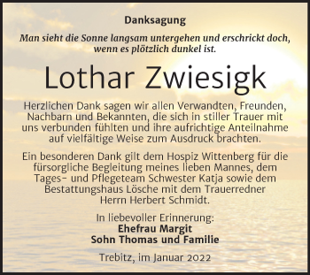 Traueranzeige von Lothar Zwiesigk von Trauerkombi Wittenberg