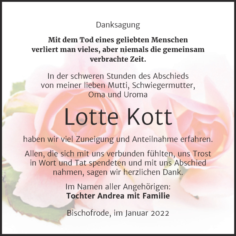  Traueranzeige für Lotte Kott vom 14.01.2022 aus Trauerkombi Mansfelder Land
