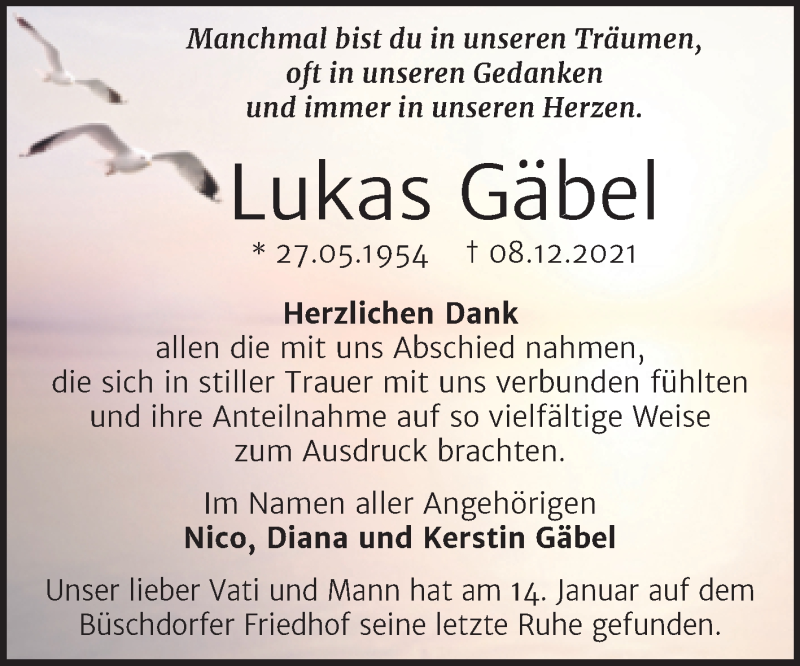  Traueranzeige für Lukas Gäbel vom 26.01.2022 aus Mitteldeutsche Zeitung Halle/Saalkreis