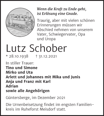 Traueranzeige von Lutz Schober von Trauerkombi Quedlinburg