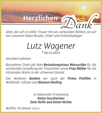 Traueranzeige von Lutz Wagener von Trauerkombi Bitterfeld