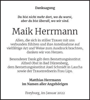 Traueranzeige von Maik Herrmann von Wochenspiegel Naumburg/Nebra