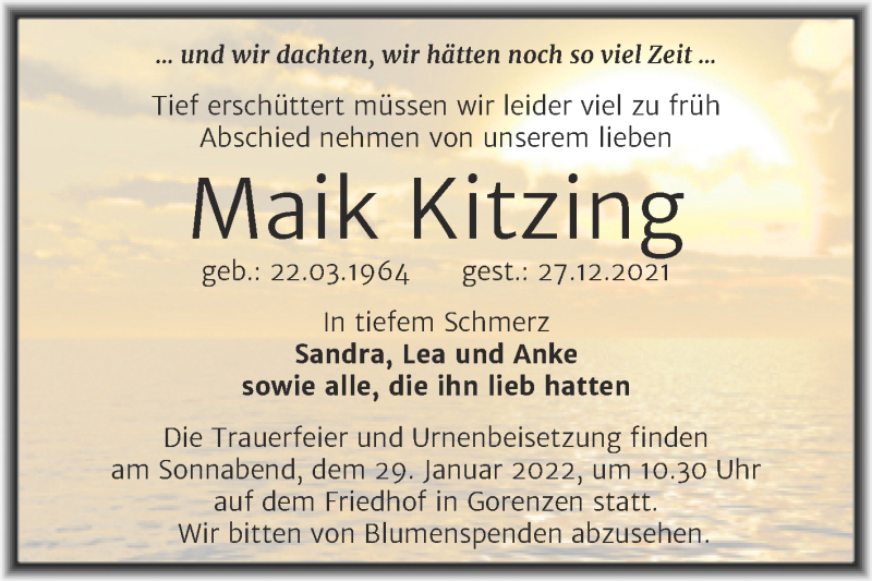  Traueranzeige für Maik Kitzing vom 08.01.2022 aus Trauerkombi Mansfelder Land