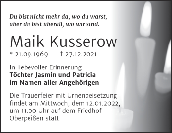 Traueranzeige von Maik Kusserow von Trauerkombi Bernburg
