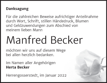 Traueranzeige von Manfred Becker von Wochenspiegel Naumburg/Nebra
