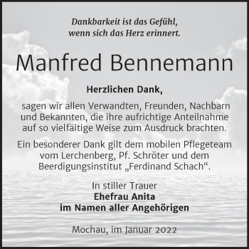 Traueranzeige von Manfred Bennemann von Trauerkombi Wittenberg