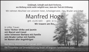 Traueranzeige von Manfred Hoge von Wochenspiegel Naumburg/Nebra