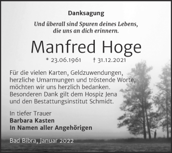 Traueranzeige von Manfred Hoge von Wochenspiegel Naumburg/Nebra