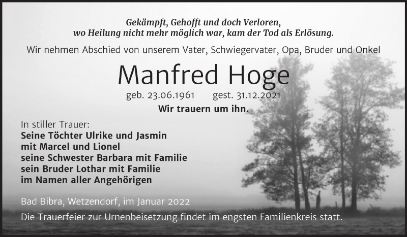  Traueranzeige für Manfred Hoge vom 12.01.2022 aus Wochenspiegel Naumburg/Nebra