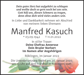 Traueranzeige von Manfred Kasuch von Trauerkombi Mansfelder Land